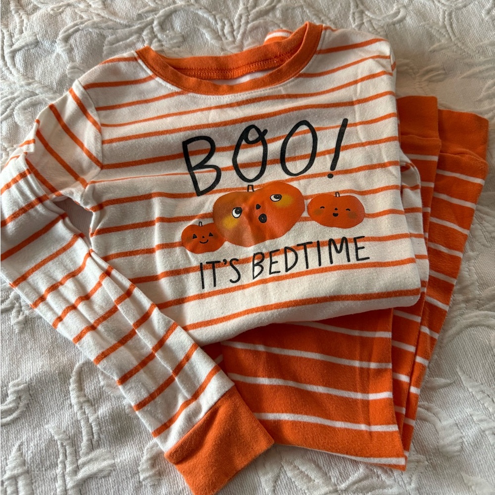 Carters Halloween Kids Pajama Set Boo Bedtime Orange Striped Size 6 Unisex